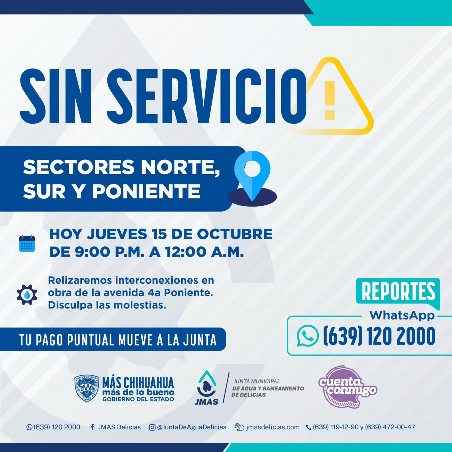ANUNCIA JMAS DELICIAS SUSPENSIÓN TEMPORAL DE SERVICIO ESTA NOCHE POR TRABAJOS DE INTERCONEXIÓN